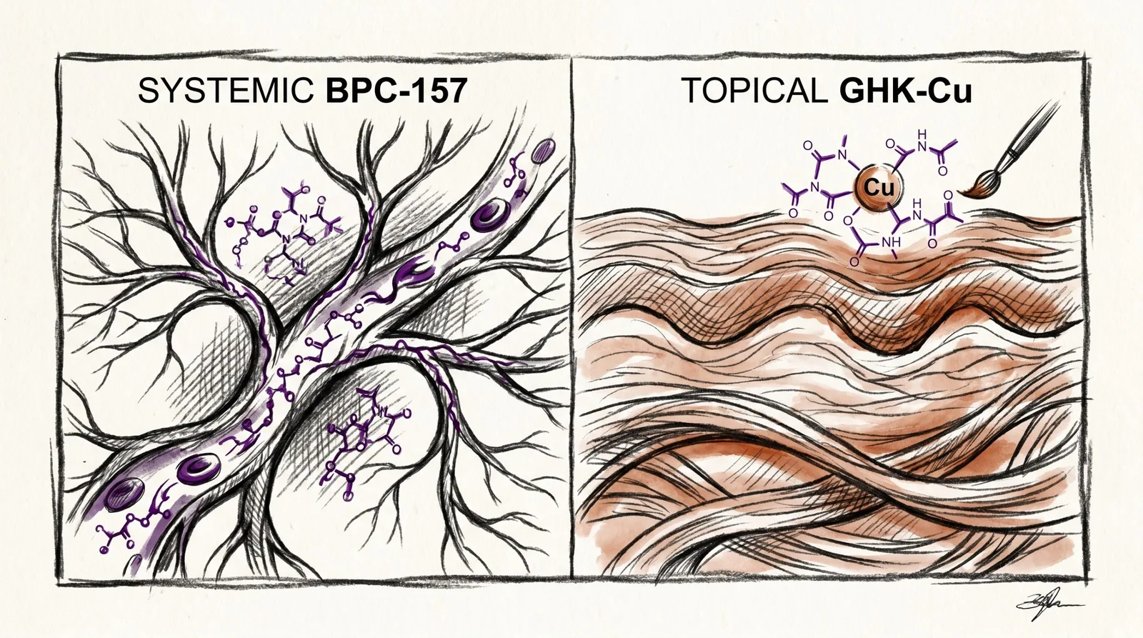 Header illustration for BPC-157 vs GHK-Cu: Systemic vs Dermal Repair Research