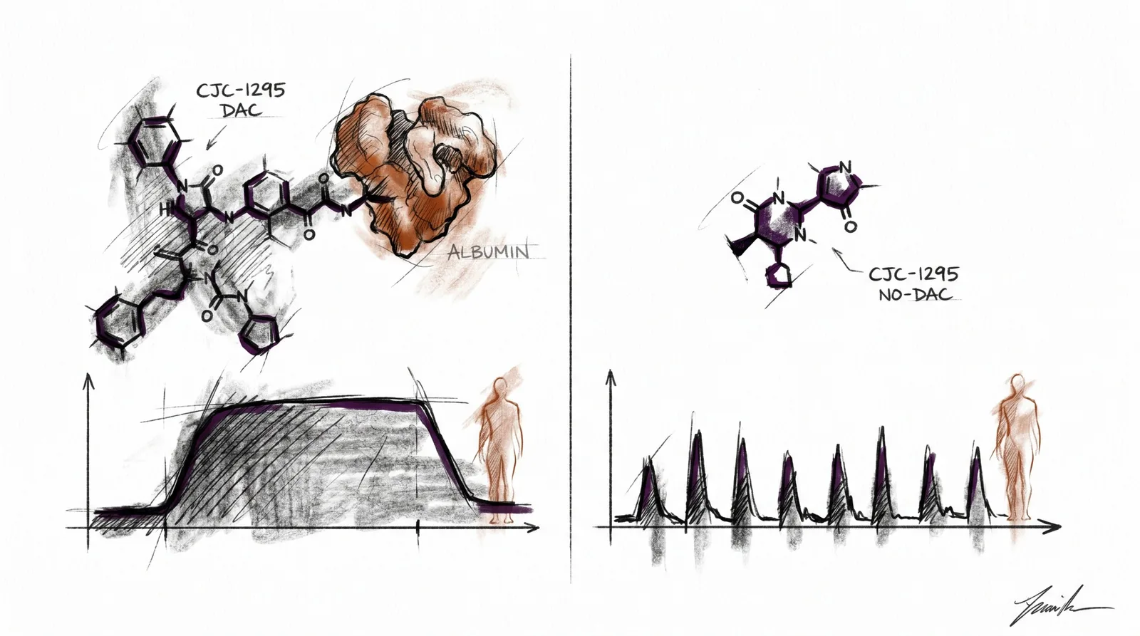 Header illustration for CJC-1295 DAC vs No DAC: Sustained vs Pulsatile GH Release in Research