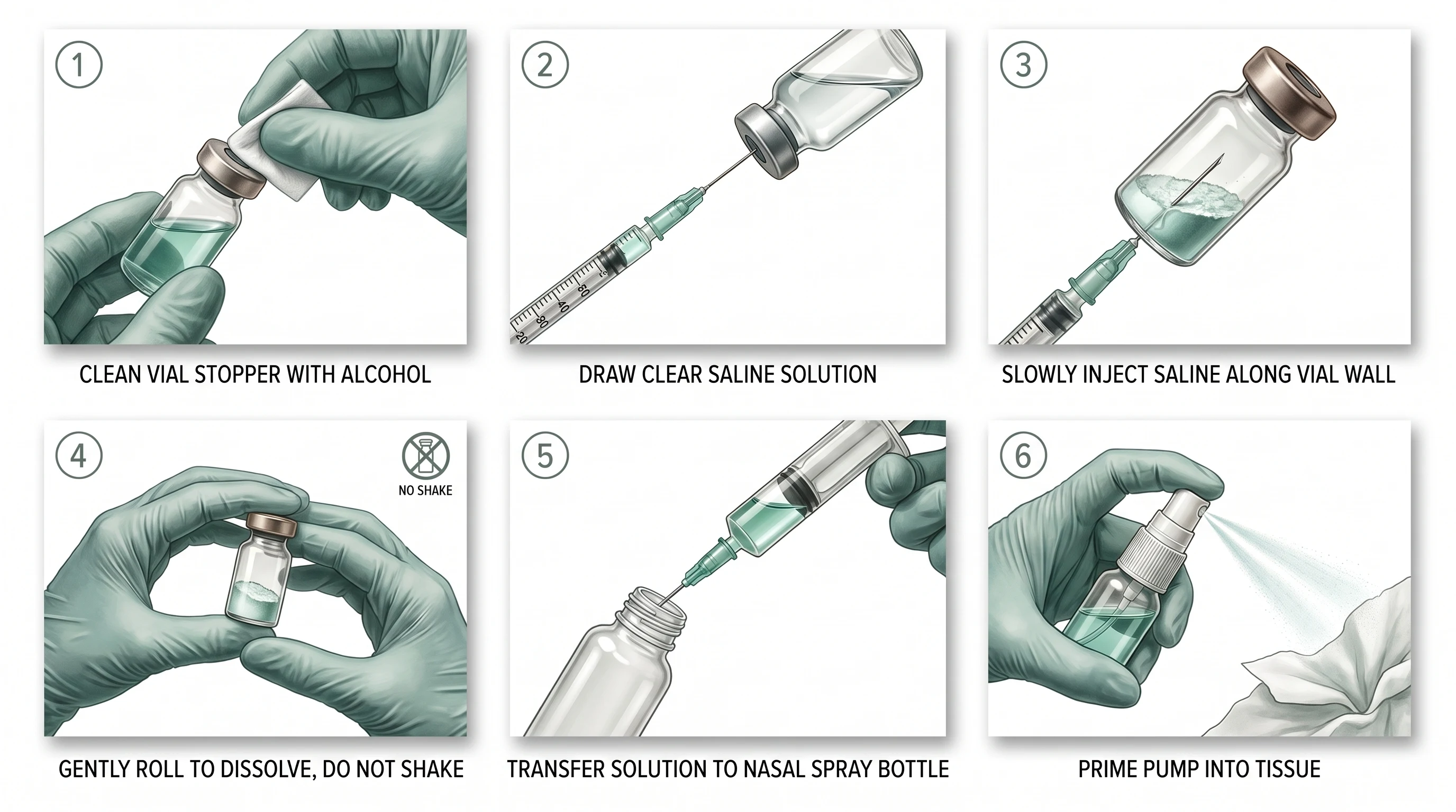 Six-panel instructional diagram of peptide nasal spray preparation: panel 1 sterilize all vial stoppers with alcohol swabs, panel 2 draw preservative-free saline into a sterile syringe, panel 3 inject saline slowly down the inside wall of the lyophilized peptide vial, panel 4 gently swirl until fully dissolved without shaking, panel 5 transfer the reconstituted solution into a sterile metered-dose nasal spray bottle using a larger syringe, panel 6 prime the pump with two to three sprays into a tissue before first dose