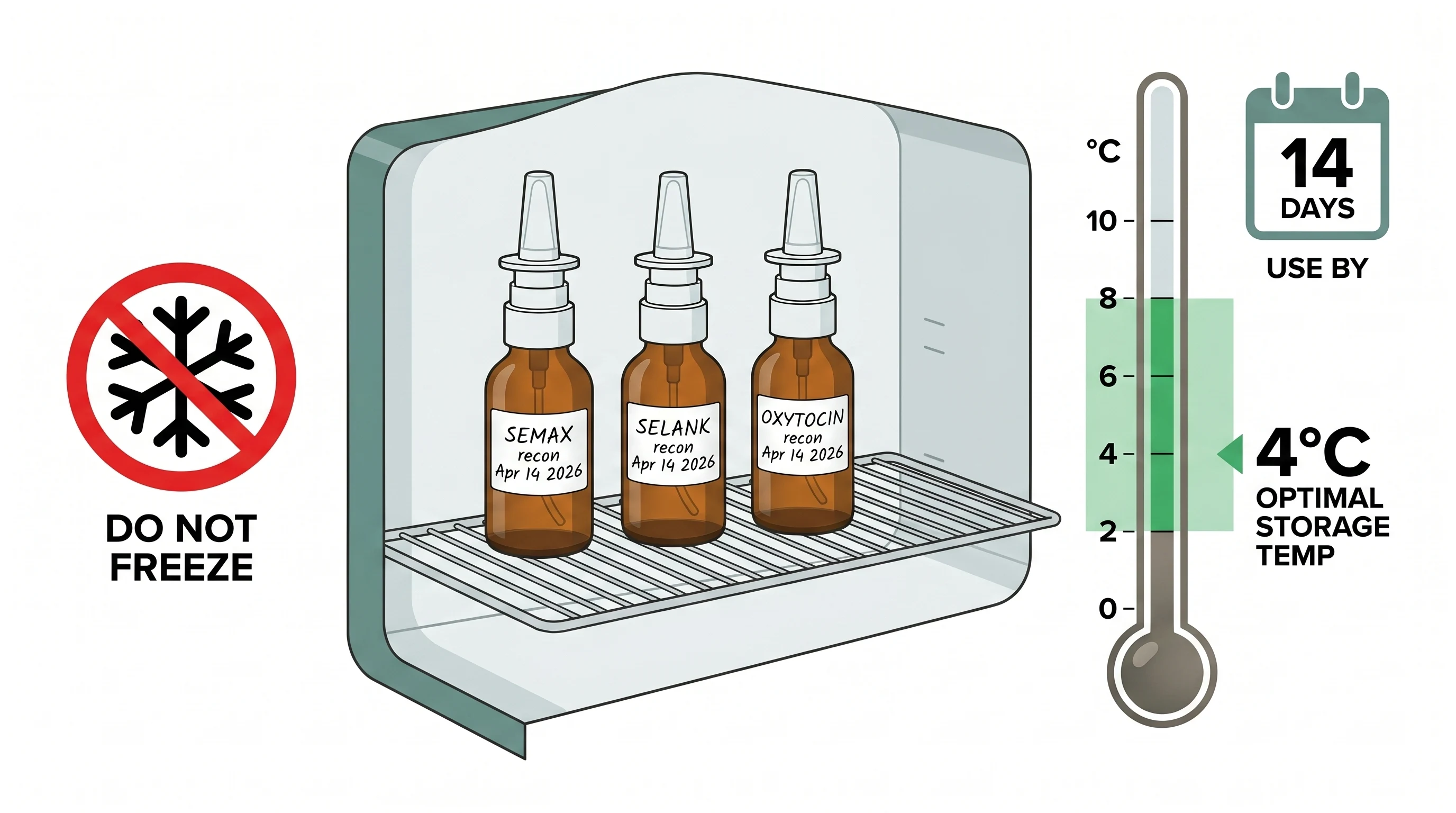 Refrigerator storage diagram showing labeled peptide nasal spray bottles upright on a shelf, a thermometer indicating the safe 2 to 8 degrees Celsius range, a 14-day calendar countdown highlighting use-by date, a no-freezing snowflake symbol crossed out, and a cool dark icon next to the shelf in clean infographic style