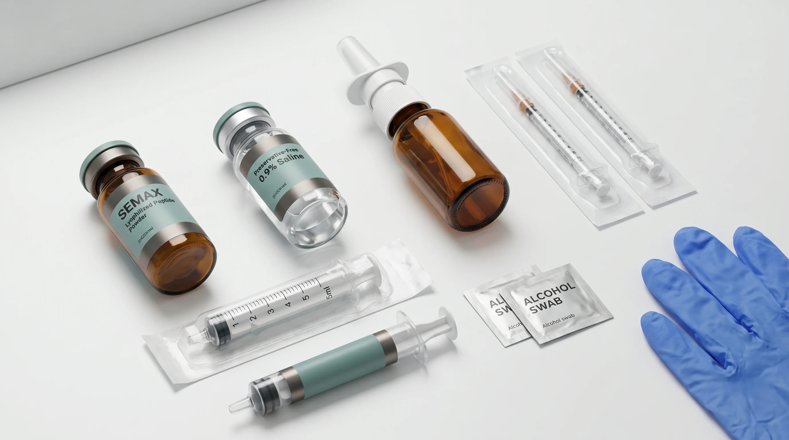 Flat-lay of peptide nasal spray supplies: lyophilized peptide vial, preservative-free saline ampule, empty sterile nasal spray bottle, sterile insulin syringes, alcohol swabs, and nitrile gloves arranged on a clean white work surface