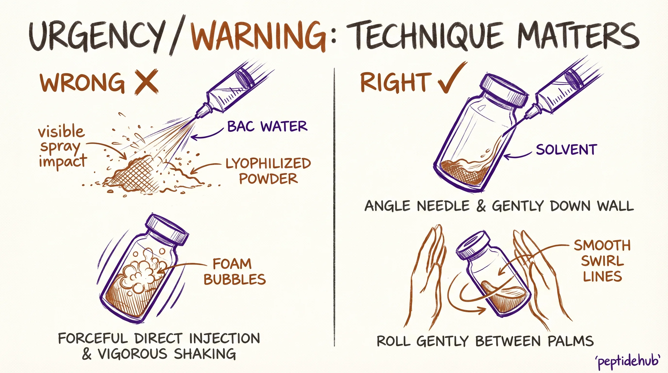 Side-by-side comparison: the wrong technique shows BAC water being blasted directly onto lyophilized powder and a vial being shaken with foam bubbles forming, versus the correct technique of angling the needle against the inside vial wall and gently rolling the vial between palms