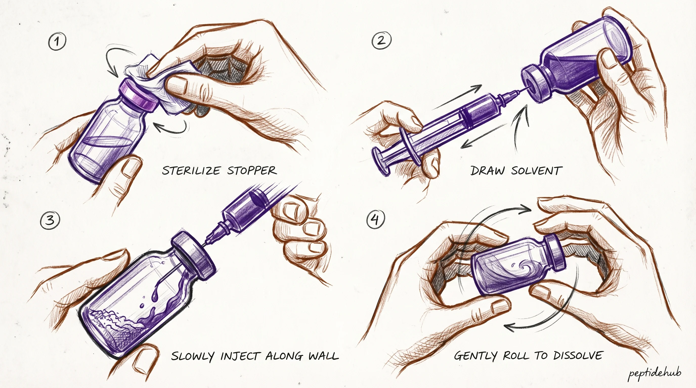 Four-panel instructional diagram: sterilize the vial stopper with an alcohol swab, draw BAC water into a sterile syringe, slowly inject the solvent along the inside wall of the peptide vial, then gently roll the vial between your palms to dissolve