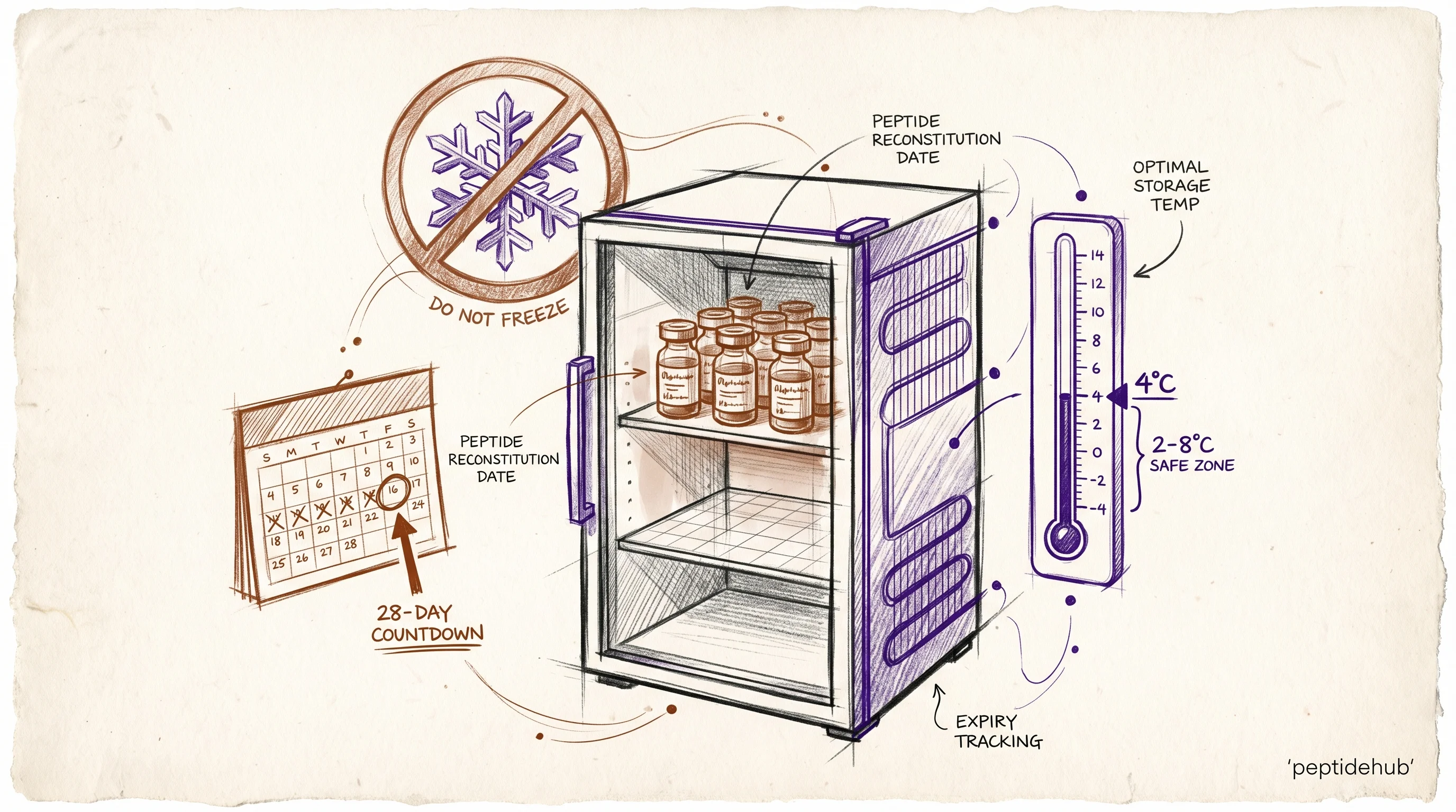 Refrigerator storage diagram: labeled peptide vials on a shelf, a thermometer showing the safe 2-8 °C range, a 28-day calendar countdown, and a crossed-out snowflake indicating do not freeze