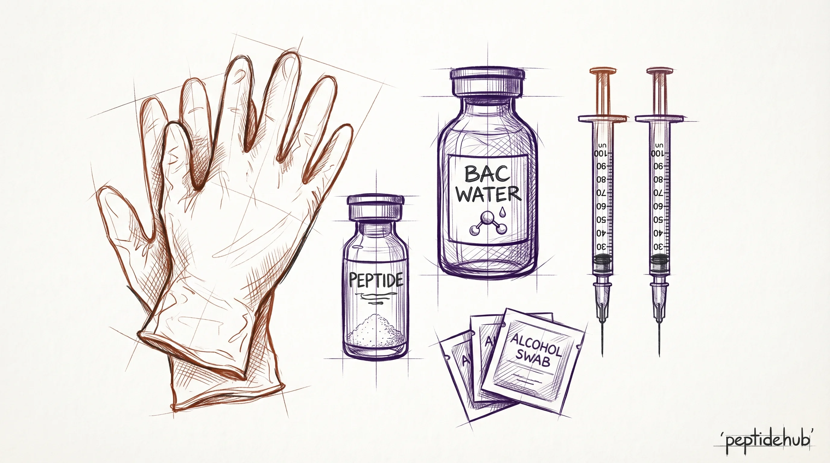 Flat-lay of peptide reconstitution supplies: lyophilized peptide vial, BAC water vial, insulin syringes, alcohol swabs, and nitrile gloves arranged on a clean work surface