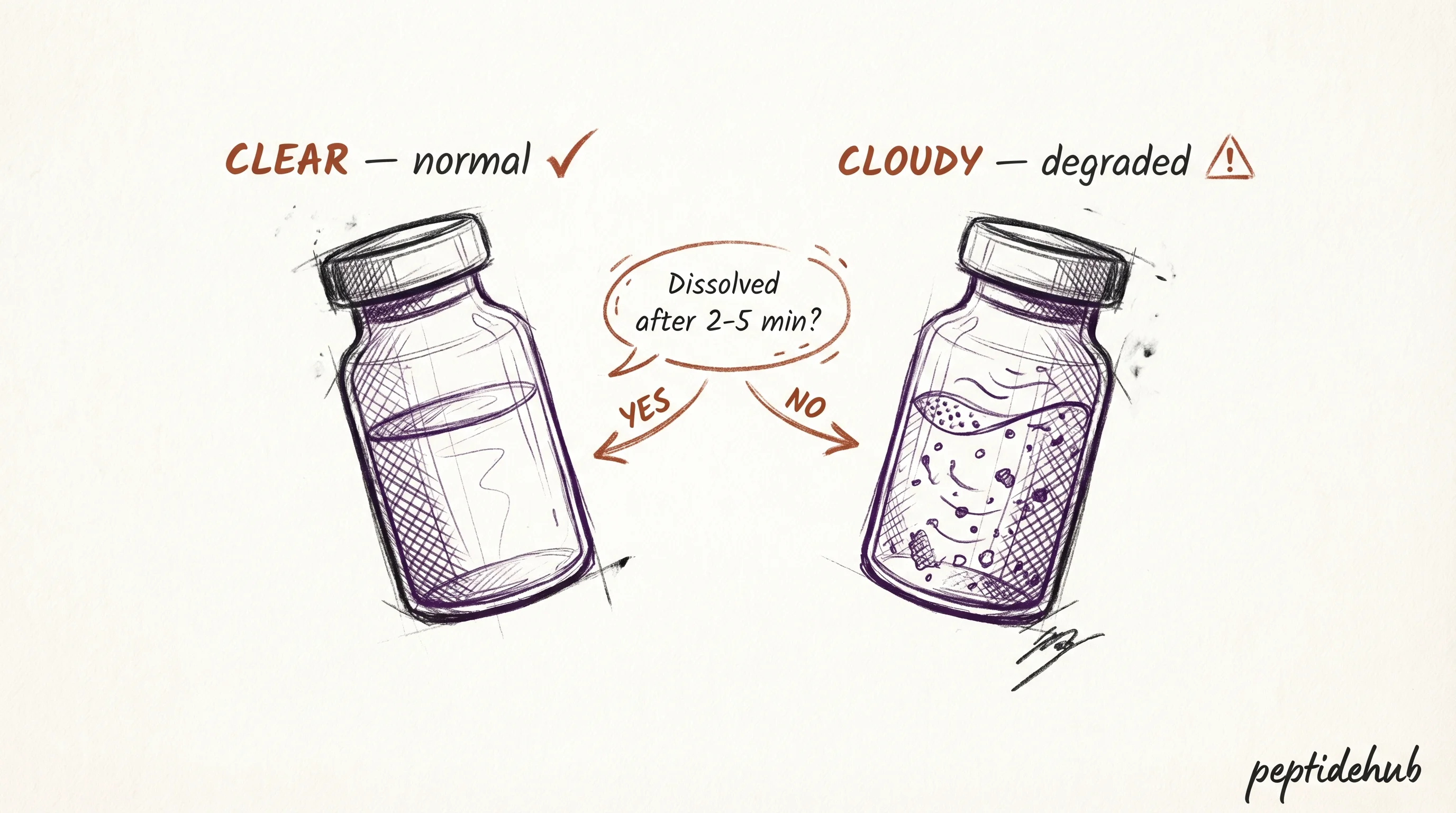 Troubleshooting comparison: a clear, fully-dissolved peptide vial labeled normal beside a cloudy vial with visible suspended particles labeled degraded, with a diagnostic question asking whether the solution dissolved after 2-5 minutes