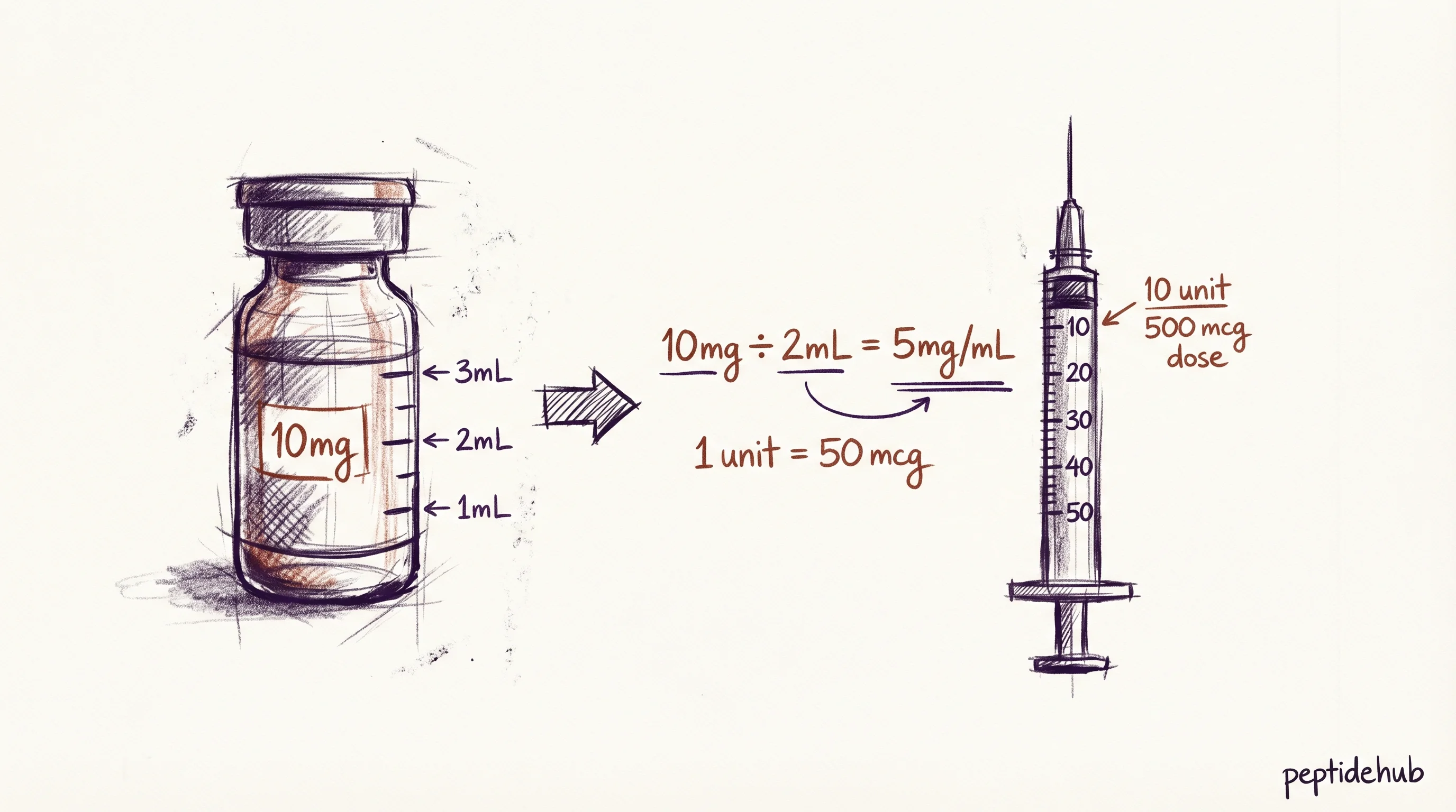 Concentration math diagram: a 10mg peptide vial with marked fill levels, the equation 10mg ÷ 2mL = 5mg/mL written out, and a 100-unit insulin syringe showing 10 units equals a 500 mcg dose